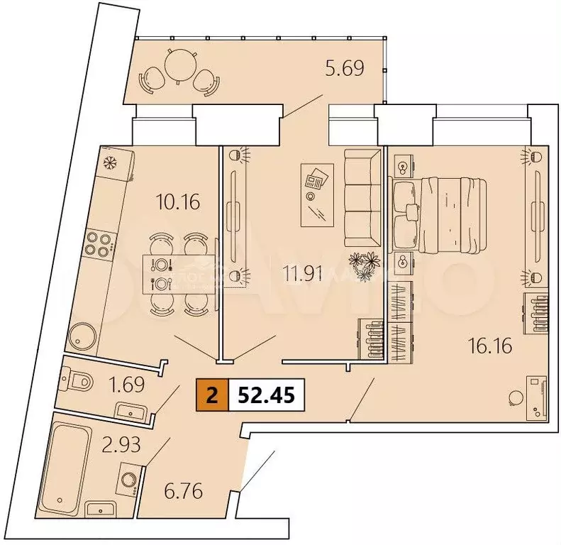 2-к. квартира, 49,7 м, 6/9 эт. - Фото 0