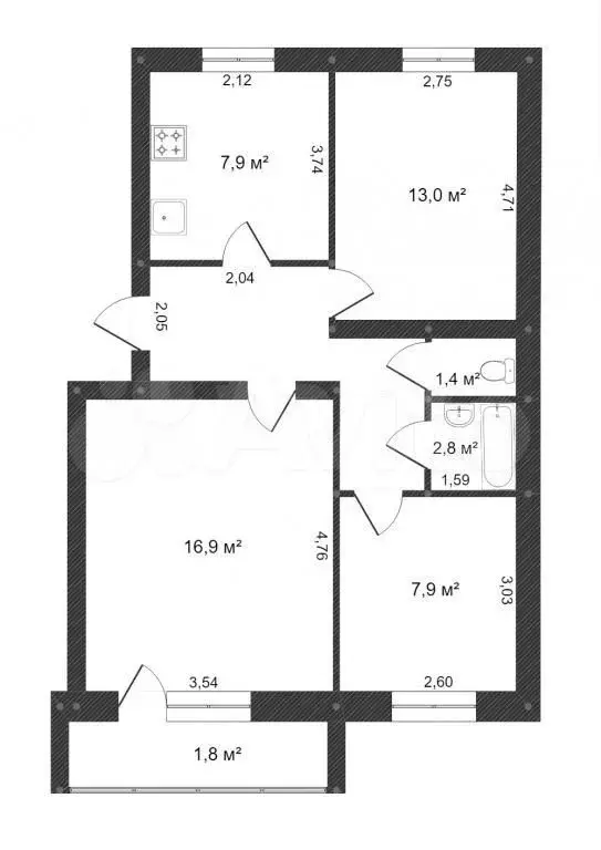 3-к. квартира, 58,2 м, 5/5 эт. - Фото 0