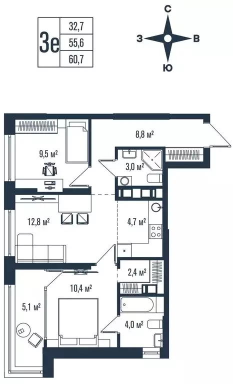 3-комнатная квартира: Владивосток, улица Тухачевского, 33к2 (60.7 м) - Фото 1