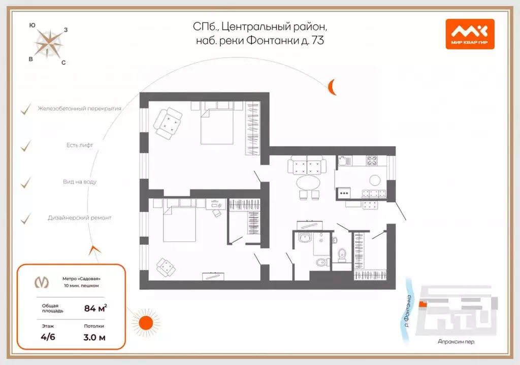 2-к кв. Санкт-Петербург наб. Реки Фонтанки, 73 (84.0 м) - Фото 2