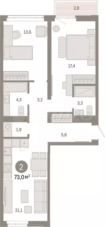 2-к. квартира, 73 м, 7/25 эт. - Фото 1