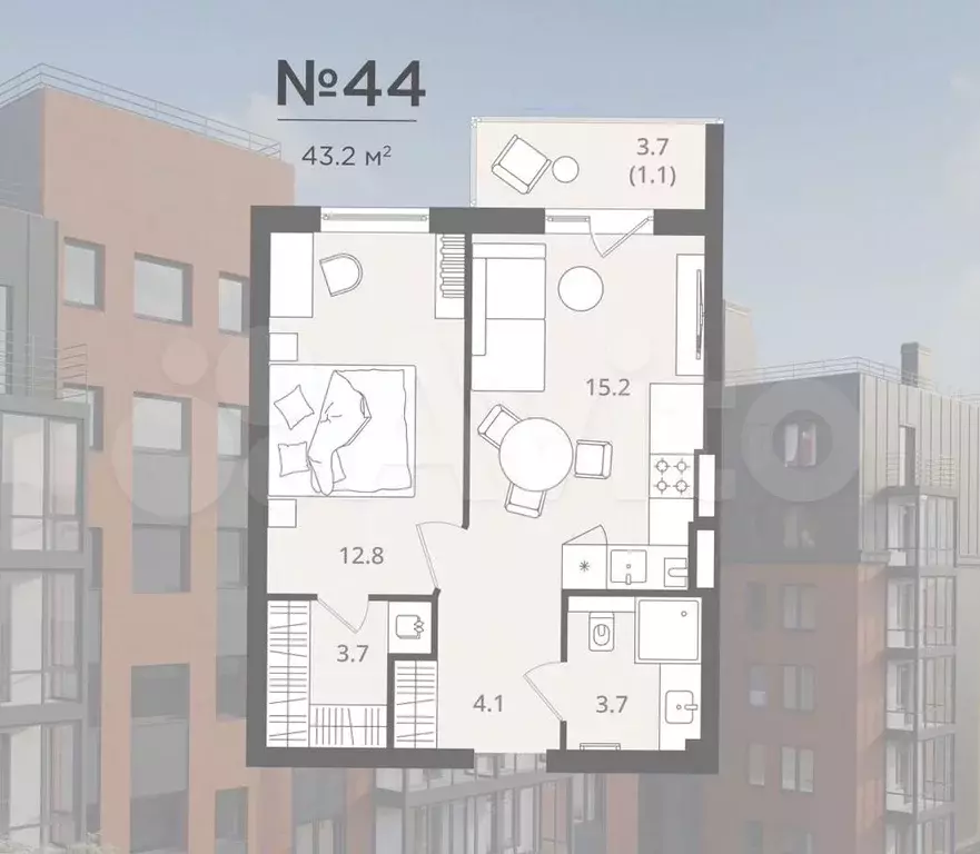 1-к. квартира, 42,9 м, 3/7 эт. - Фото 0