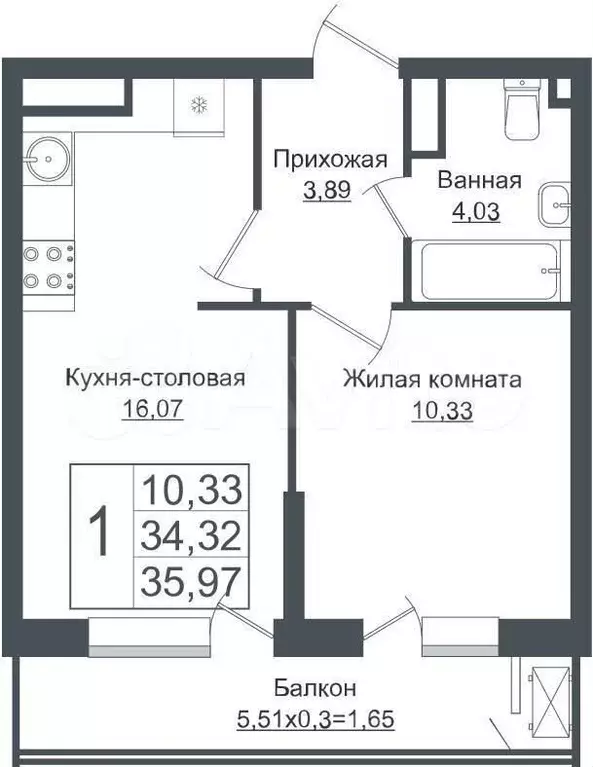 1-к. квартира, 32,2 м, 5/9 эт. - Фото 0