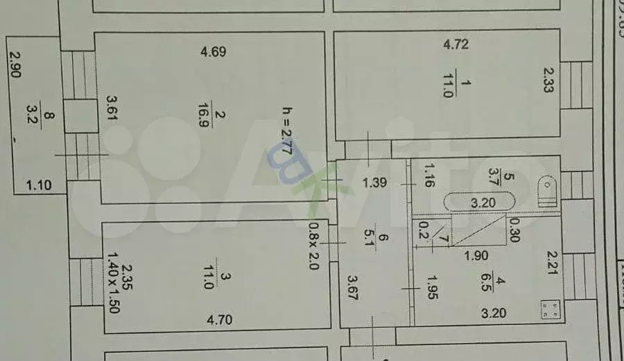 3-к. квартира, 54,4 м, 2/2 эт. - Фото 0