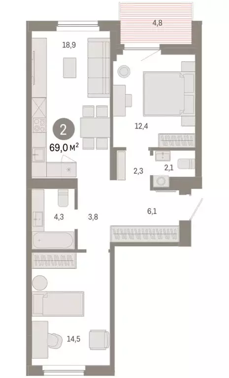 2-комнатная квартира: Новосибирский район, рабочий посёлок Краснообск, ... - Фото 2