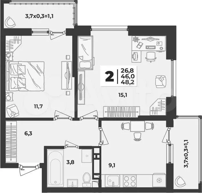 2-к. квартира, 48,2 м, 9/9 эт. - Фото 1