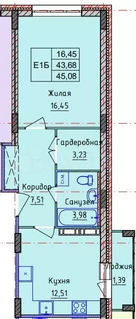 1-к. квартира, 45 м, 7/14 эт. - Фото 0