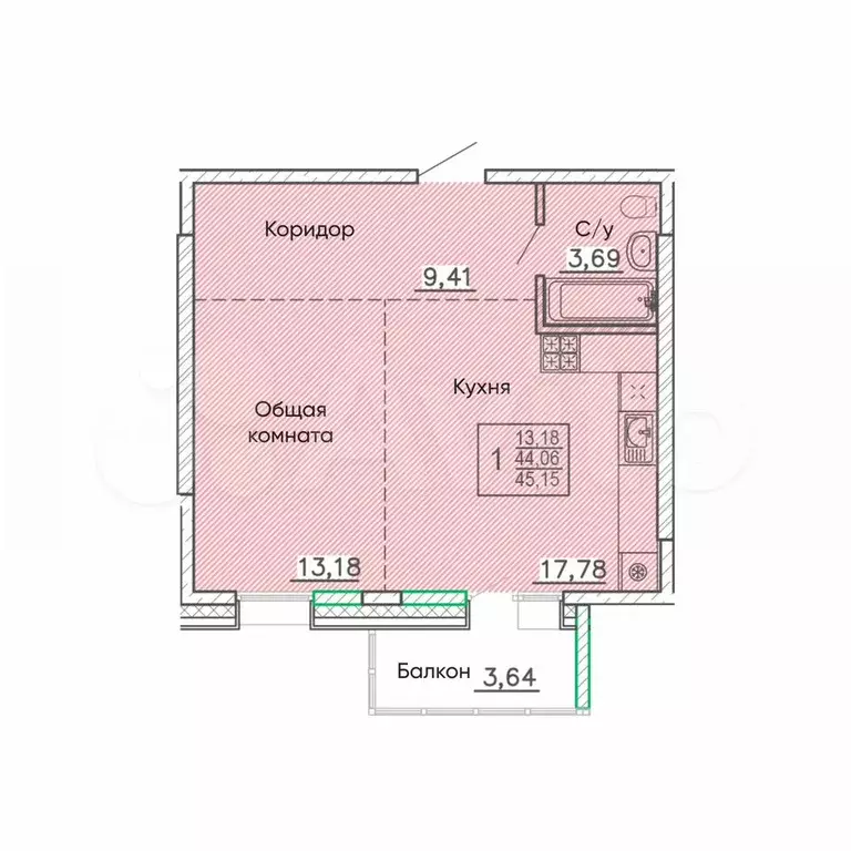 1-к. квартира, 45,2 м, 5/9 эт. - Фото 0