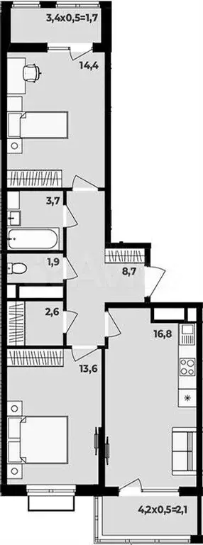 2-к. квартира, 65,5 м, 10/16 эт. - Фото 1