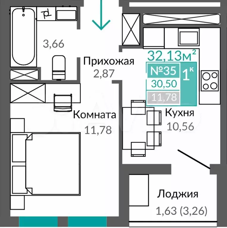1-к. квартира, 30,5 м, 5/9 эт. - Фото 0