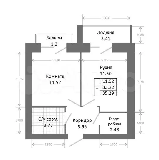 1-к. квартира, 35,3 м, 8/9 эт. - Фото 0