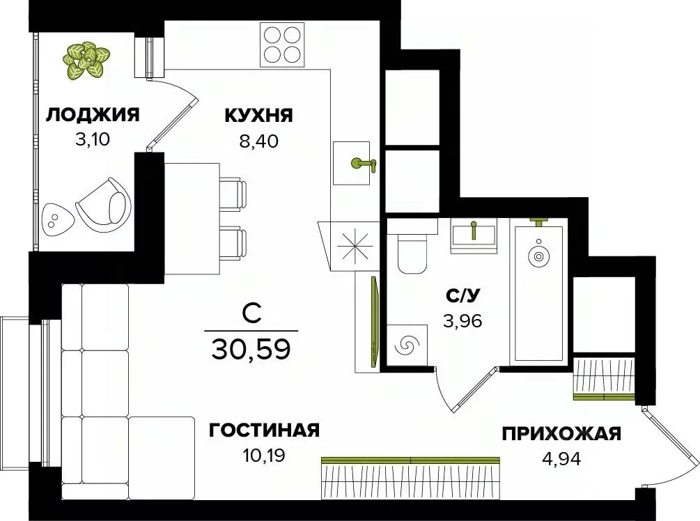 Студия Тульская область, Тула  (30.59 м) - Фото 0