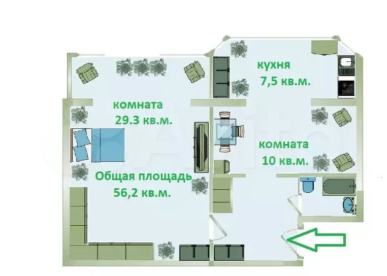 2-к. квартира, 56,4 м, 10/11 эт. - Фото 0