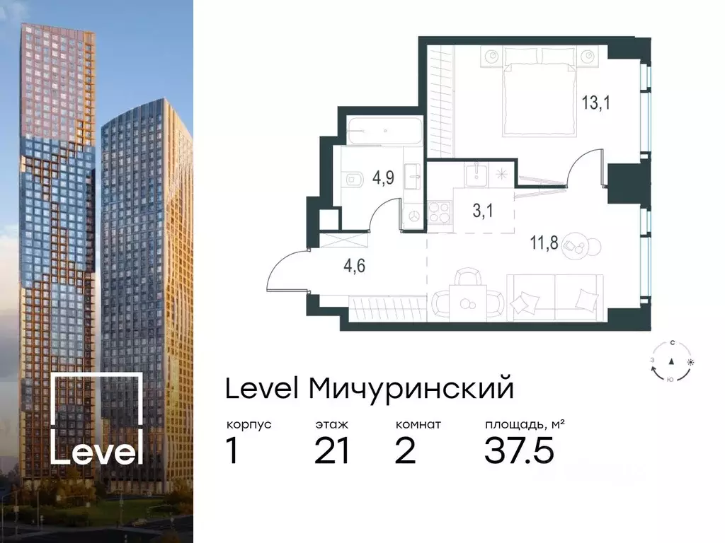 2-к кв. Москва Левел Мичуринский жилой комплекс, к1 (37.5 м) - Фото 0