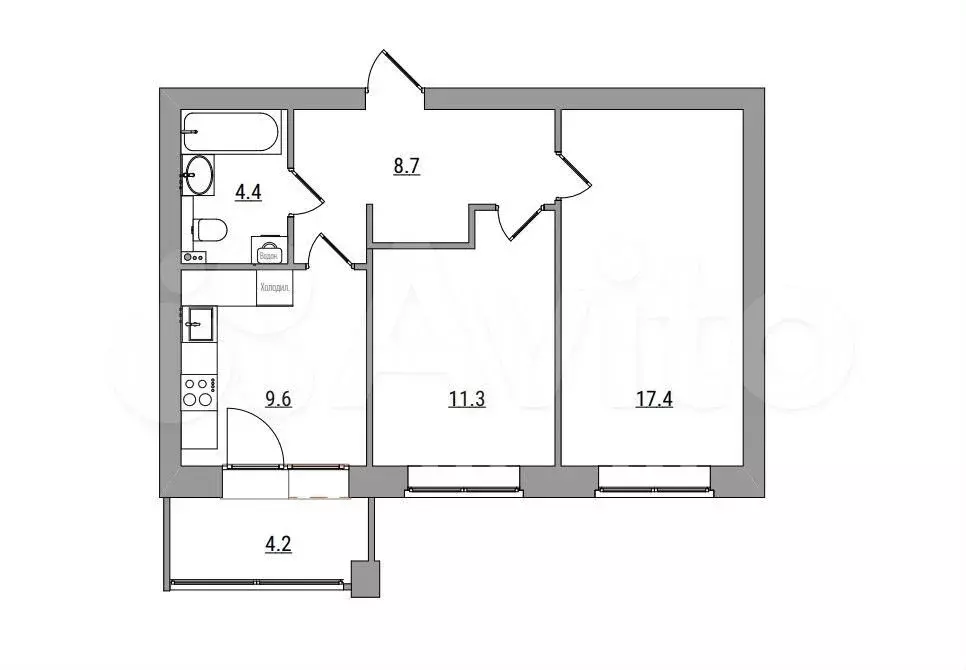 2-к. квартира, 55,6 м, 6/6 эт. - Фото 1