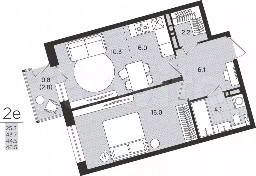 2-к. квартира, 44,5 м, 8/8 эт. - Фото 0