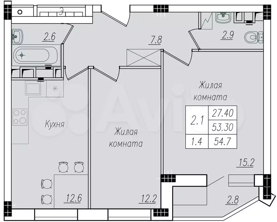 2-к. квартира, 54,7 м, 10/10 эт. - Фото 1