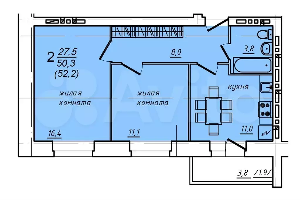 2-к. квартира, 52,2 м, 4/10 эт. - Фото 0