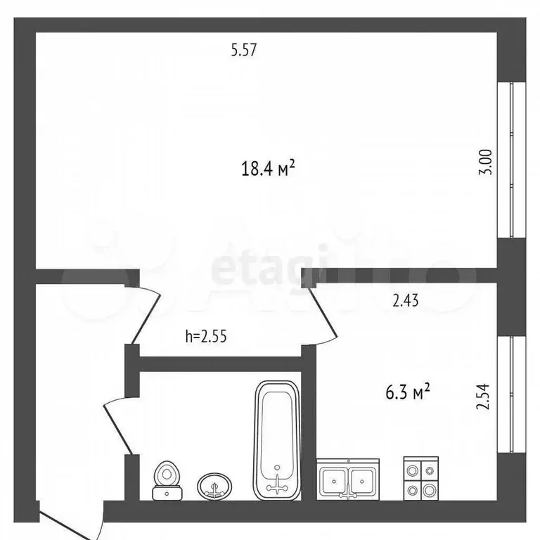 1-к. квартира, 29,7 м, 5/5 эт. - Фото 0