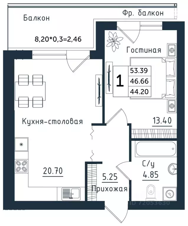 1-к кв. Калининградская область, Янтарный пгт  (52.39 м) - Фото 0