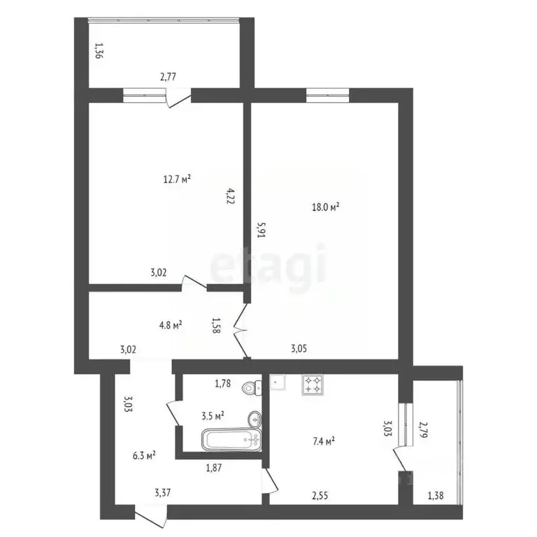 2-к кв. Амурская область, Благовещенск ул. Василенко, 16 (52.7 м) - Фото 2