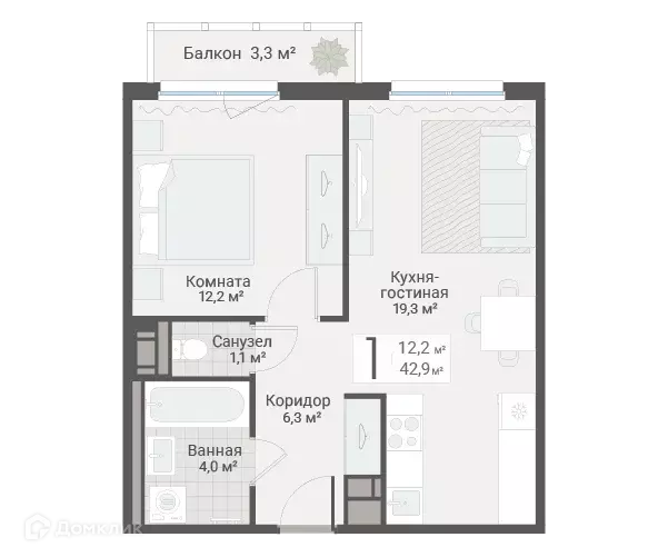 Продаётся 1-к квартира, 42.9 м - Фото 0