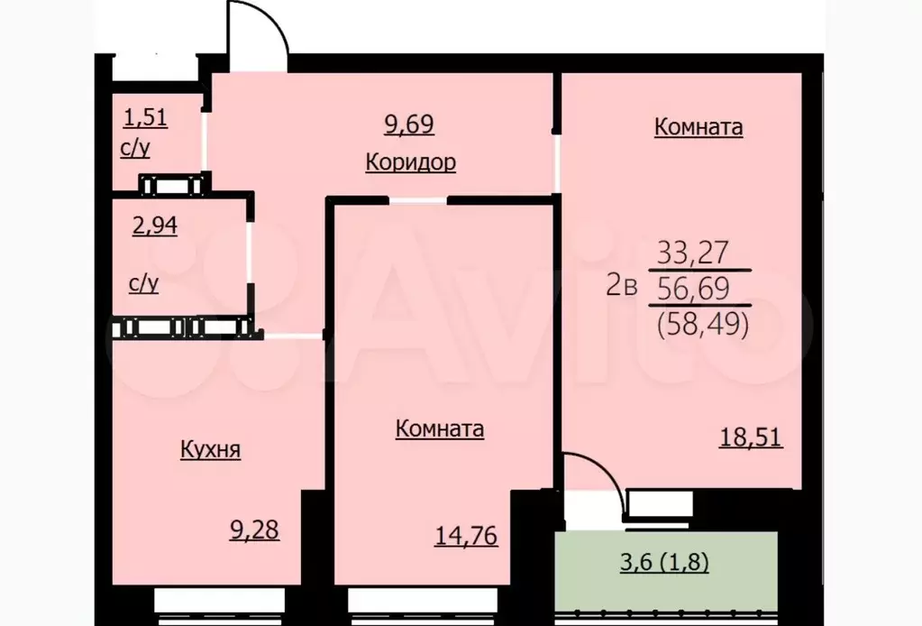 2-к. квартира, 58,5 м, 7/15 эт. - Фото 0