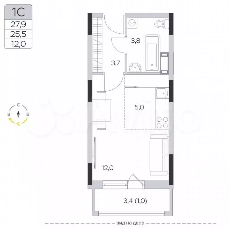 Квартира-студия, 25,5 м, 6/9 эт. - Фото 0