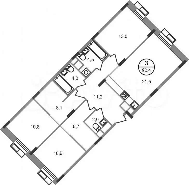 3-к. квартира, 92,4 м, 2/9 эт. - Фото 0