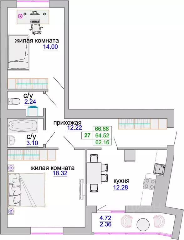 2-к кв. Калининградская область, Зеленоградск ул. Тургенева, 16А (65.2 ... - Фото 0