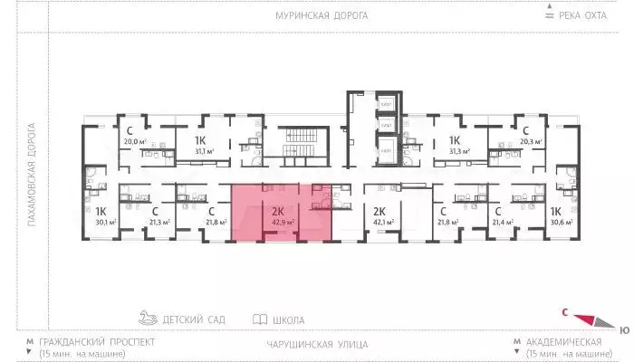 2-к. квартира, 42,9 м, 10/24 эт. - Фото 1