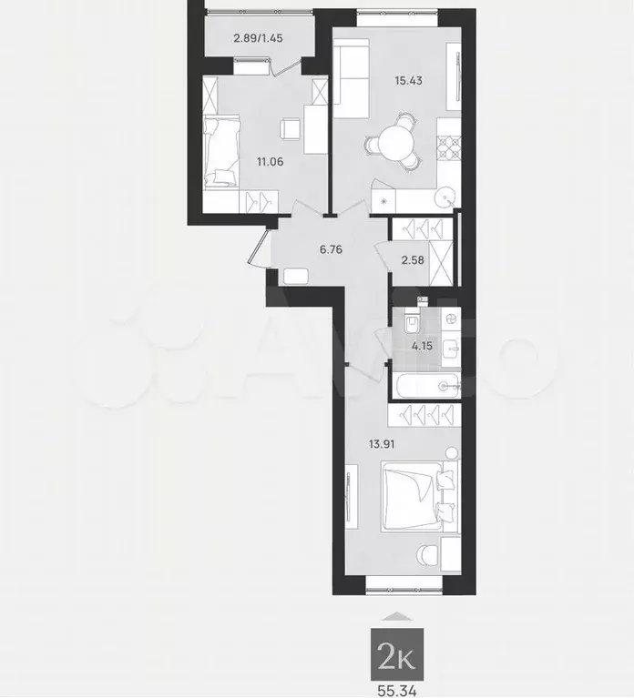 2-к. квартира, 53,3 м, 5/9 эт. - Фото 1