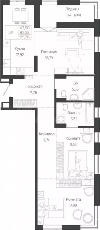 3-к. квартира, 85,4 м, 4/6 эт. - Фото 1