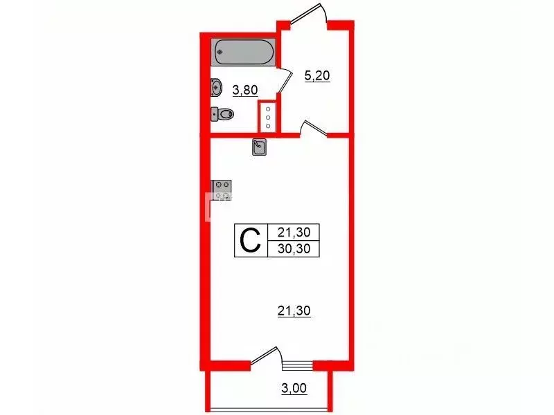 Студия Санкт-Петербург Богатырский просп., 2А (30.3 м) - Фото 1