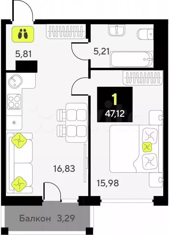 1-к. квартира, 47,1 м, 6/9 эт. - Фото 1