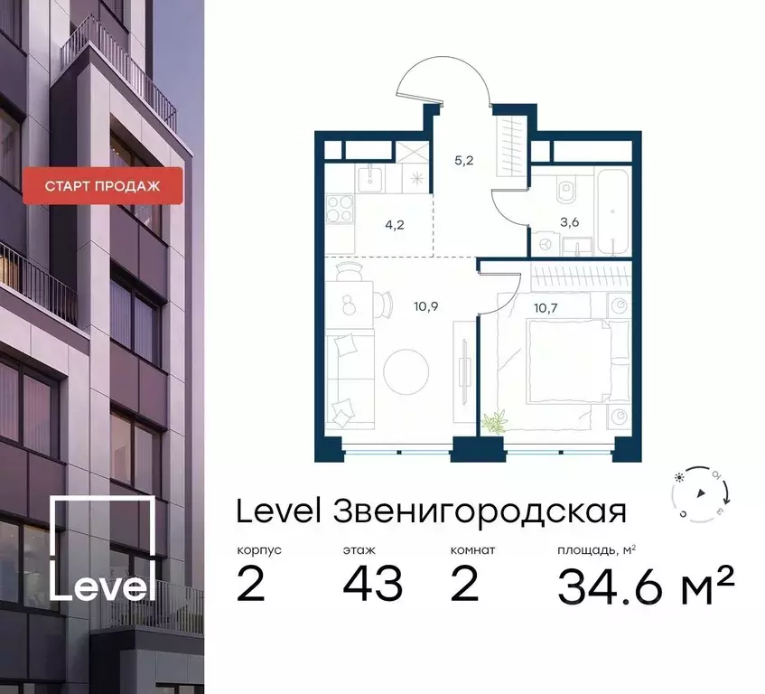 2-к кв. Москва Левел Звенигородская жилой комплекс (34.6 м) - Фото 0