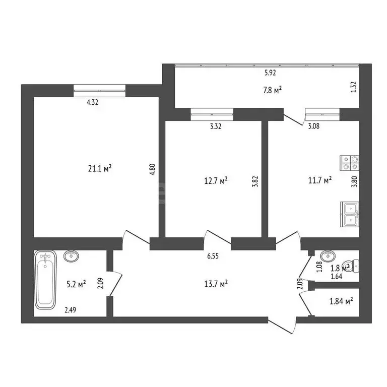 2-комнатная квартира: Тюмень, улица Чернышевского, 2Бк1 (67.6 м) - Фото 1