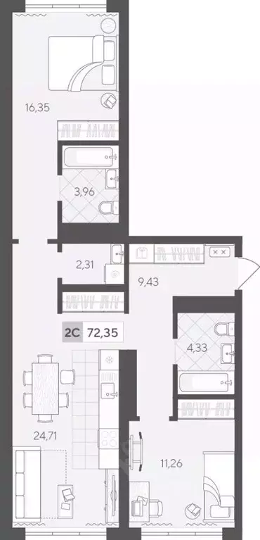 2-к кв. Тюменская область, Тюмень ул. Сергея Корепанова, 34 (72.35 м) - Фото 1