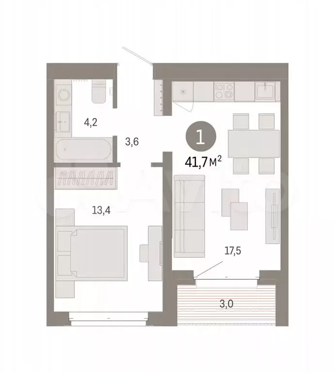 1-к. квартира, 41,7 м, 3/7 эт. - Фото 0