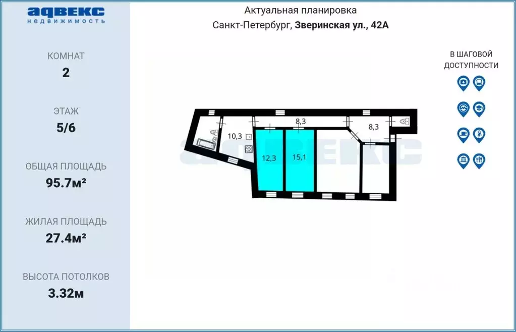 Комната Санкт-Петербург Зверинская ул., 42 (27.4 м) - Фото 2
