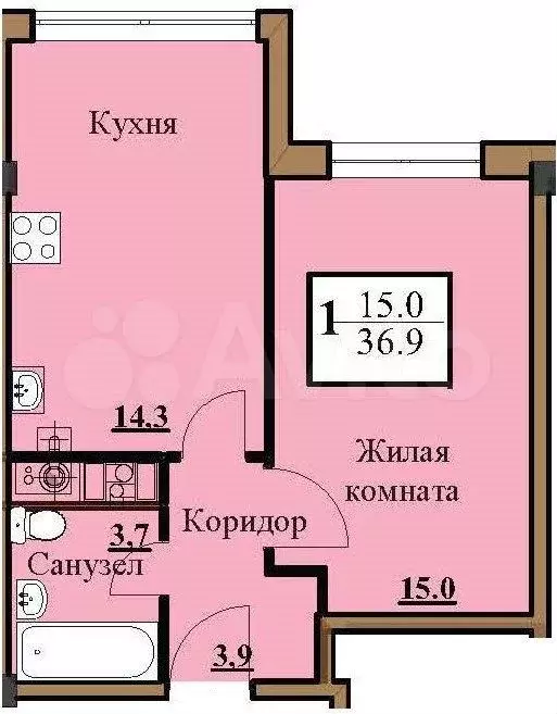 1-к. квартира, 36,9 м, 4/5 эт. - Фото 0