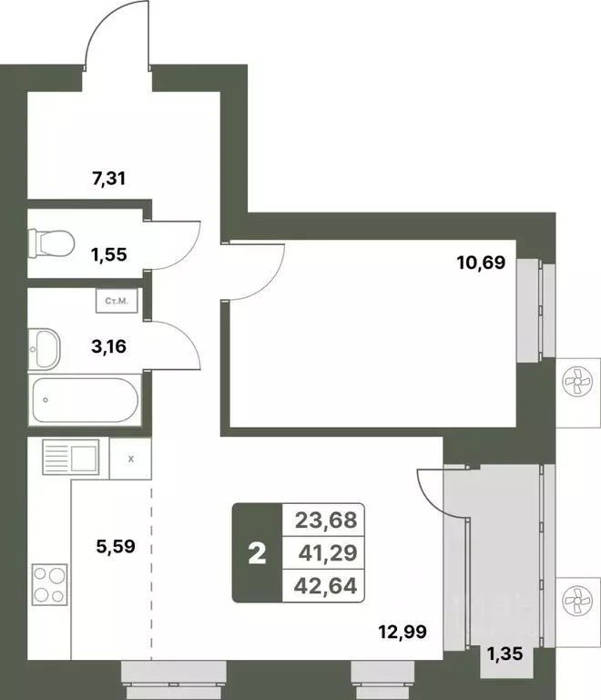 2-к кв. Башкортостан, Уфимский район, с. Миловка  (42.64 м) - Фото 1