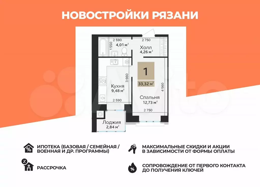 1-к. квартира, 31,9 м, 3/10 эт. - Фото 0