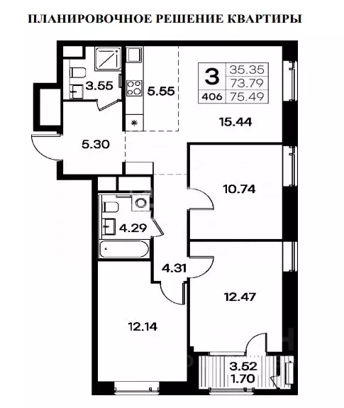 3-к кв. Нижегородская область, Нижний Новгород ул. Гаршина, 40 (75.49 ... - Фото 2