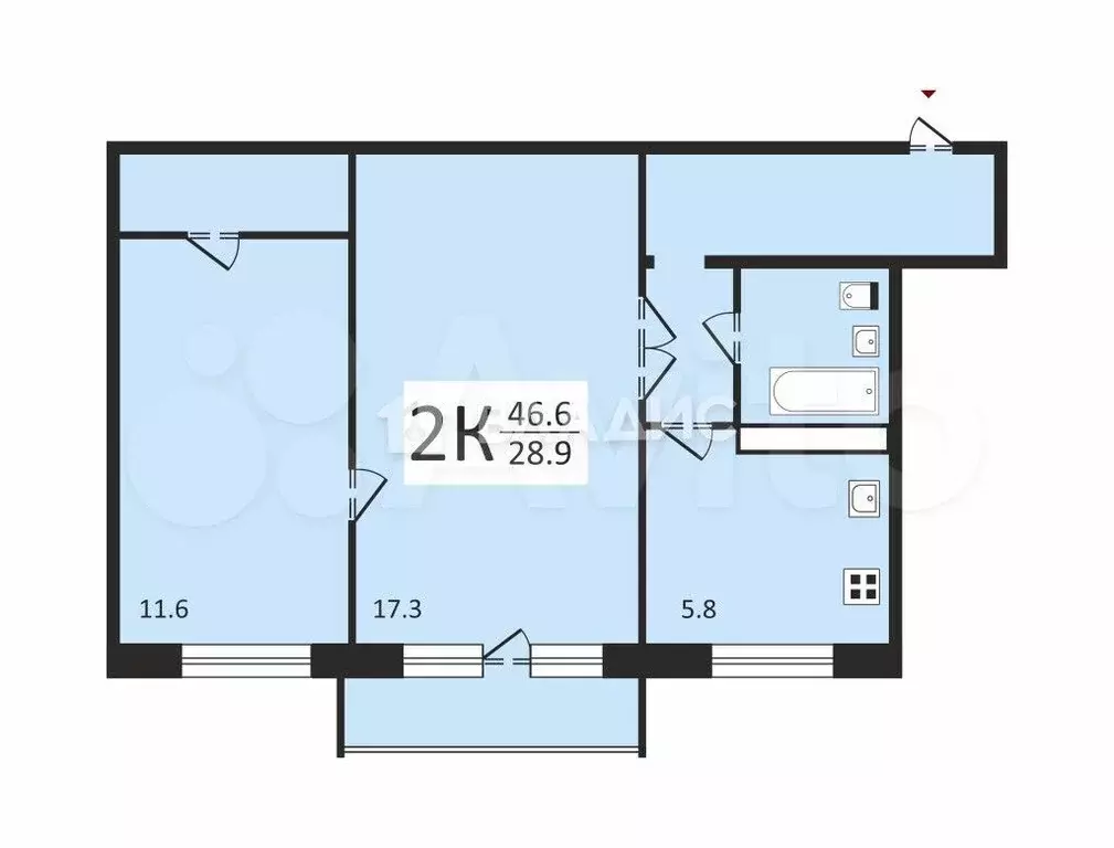 2-к. квартира, 46,6 м, 5/5 эт. - Фото 0