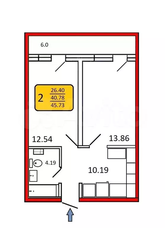 2-к. квартира, 41,5 м, 14/18 эт. - Фото 1