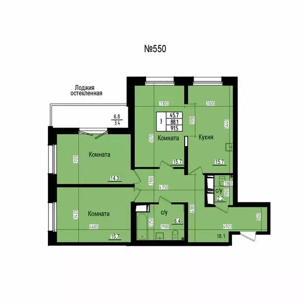 3-комнатная квартира: посёлок Парголово, Ольгинская дорога, 3/20 (91.5 ... - Фото 2