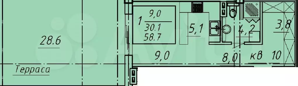 1-к. квартира, 58,7 м, 2/8 эт. - Фото 1