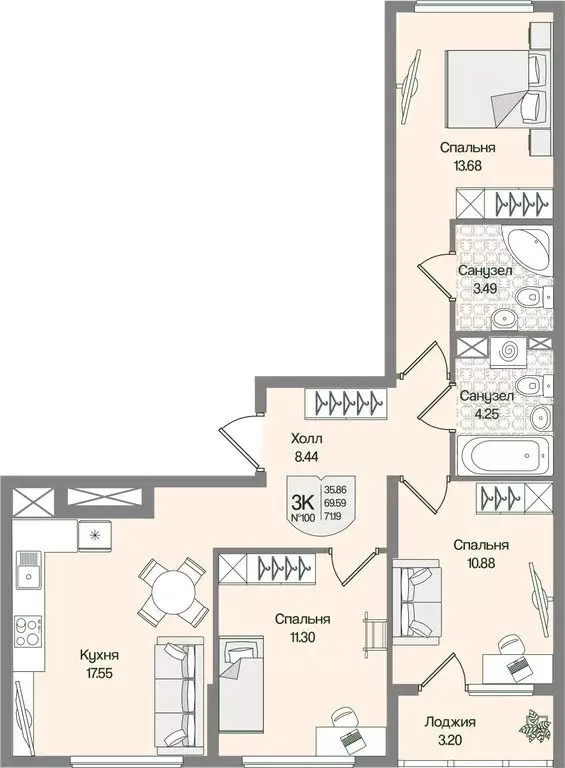 3-комнатная квартира: деревня Мистолово, ЖК Охтинские Высоты (71.19 м) - Фото 1