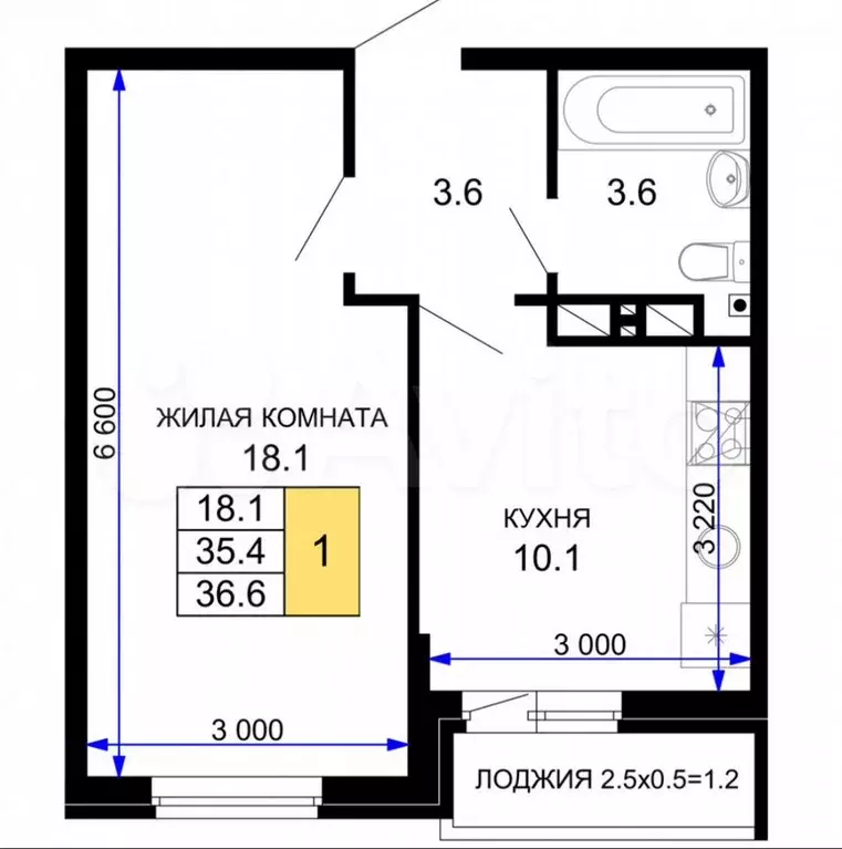 1-к. квартира, 36,6 м, 6/16 эт. - Фото 0